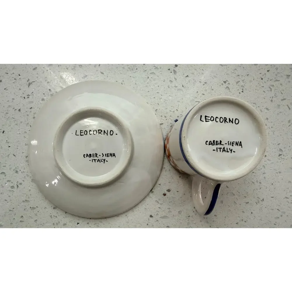Vintage Siena Italy Espresso Cup Saucer Majolica Unicorn Orange Blue